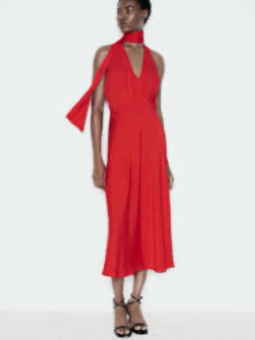 NWOT Zara Elegant Red Halter Midi Dress with Neck Tie in Size XSmall